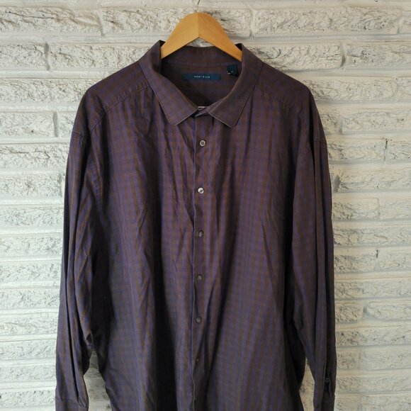 Perry Ellis Mens Shirt 4X Long Sleeve Button Brown Blue Plaid Lightweight PLA80E - Picture 3 of 8